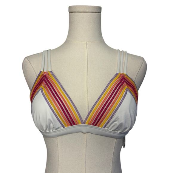Beach Bunny Triangle Bikini Womens Size Small White Neon Stripes Rushed - Picture 11 of 11